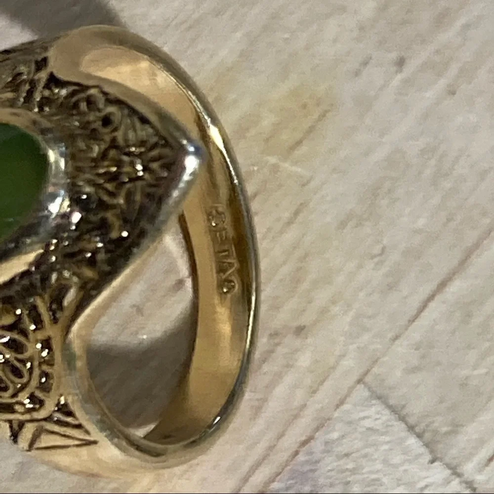 Seta Vintage long oval cabochon jade antiqued gold filigree ring sz 9